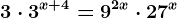 3\cdot 3^x+4=9^2x\cdot 27^x