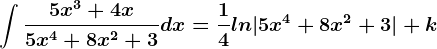 \int \frac5x^3+4x5x^4+8x^2+3dx=\frac14ln|5x^4+8x^2+3|+k