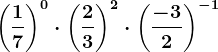 \left (\frac17 \right )^0\cdot \left (\frac23 \right )^2\cdot \left (\frac-32 \right )^-1