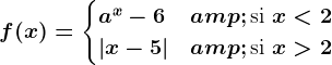f(x) = \begincases a^x-6 & \textsi x<2\\ \left |x-5 \right | & \textsi x> 2\\ \endcases