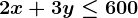 2x+3y \leq 600