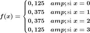f(x) = \begincases 0,125 & \textsi x=0 \\ 0,375 & \textsi x=1 \\ 0,375 & \textsi x=2 \\ 0,125 & \textsi x=3 \\ \endcases