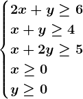 \begincases2x+y \geq 6\\ x+y \geq 4 \\ x+2y \geq 5\\x\geq 0\\y\geq 0\endcases